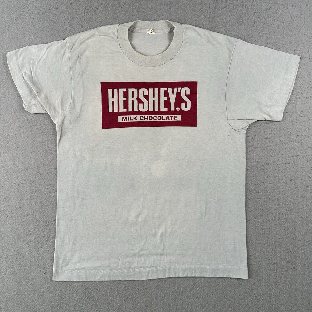 Vtg 80s Hersheys T Shirt Men’s Large Gray Short Sleeve Chocolate Bar Spell‎ Out